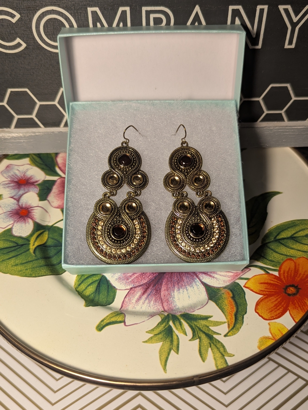 Antique Gold Boho Dangle Earrings with Dark Brown Stones